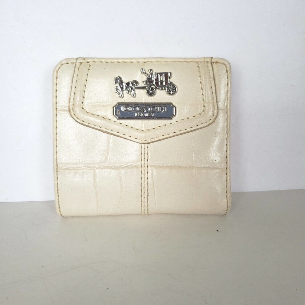 Coach Cream Croc-Embossed Leather Compact Wallet with Silver Hardware